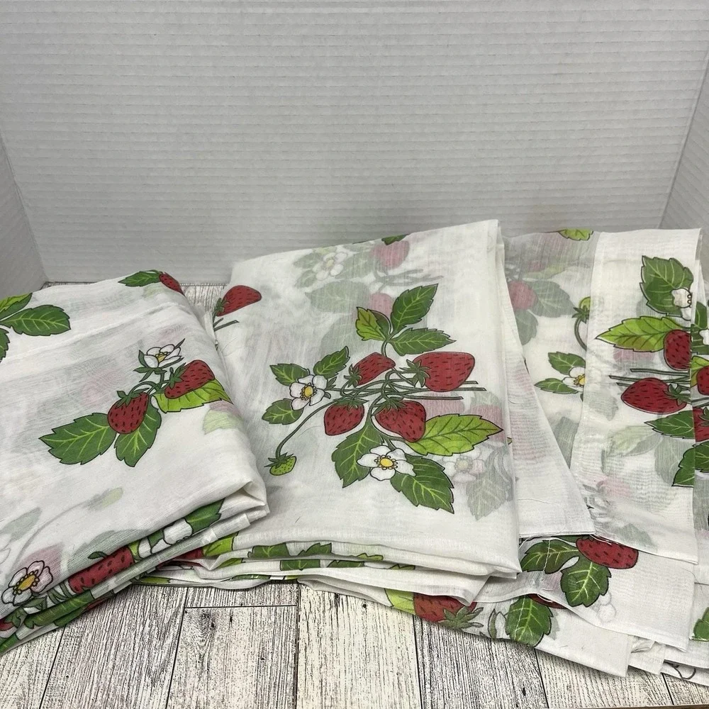 Vintage 70s Strawberry Sheer Curtain Panels Lot 3 CottageCore Kitchen Cafe Retro